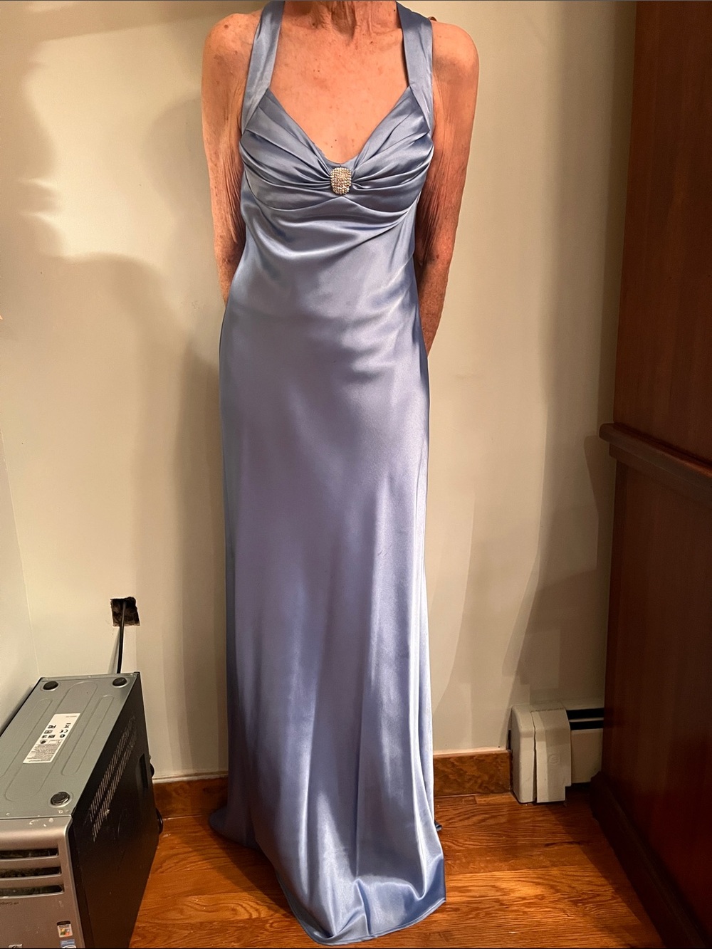 Mary L Couture Satin Evening Gown and Cropped Jacket - Light Blue
